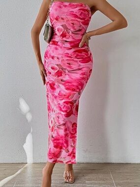 PRETTYGARDEN Strapless Pink Floral Maxi Dress
